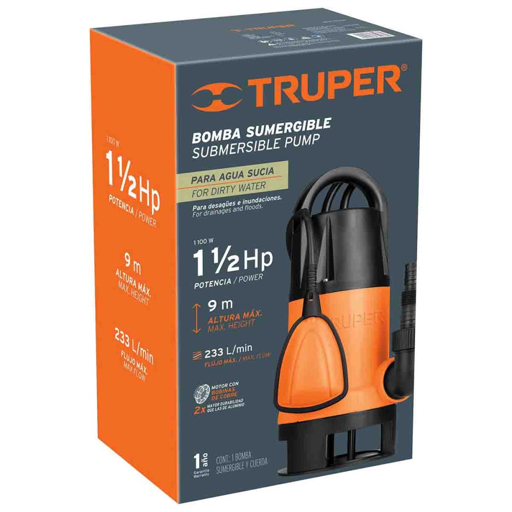 BOMBA SUMERGIBLE PARA AGUA SUCIA 1 1/2 HP TRUPER 120604