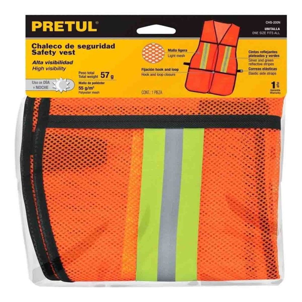 CHALECO DE SEGURIDAD COLOR NARANJA CON REFLEJANTE USO DE DIA PRETUL 21025